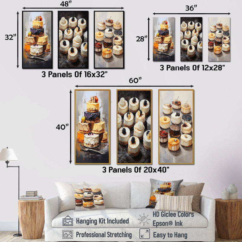 Delices Cheesecakes - Dessert, ensemble de 4 toiles d'art sur toile, Cadre flottant noir, H 28 po x l 36 po