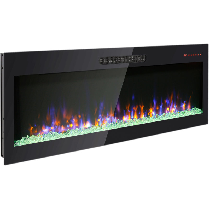 60 Inch Recessed Ultra Thin Tempered Glass Front Wall Mounted Electric Fireplace With Remote And Multi Color Flame & Emberbed, Led Light Heater