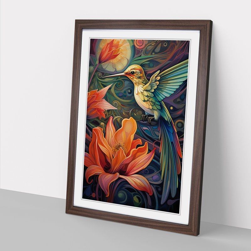 Hummingbird Art Deco - Single Picture Frame Print on Wood, Walnut, 34cm H x 25cm W x 2cm D