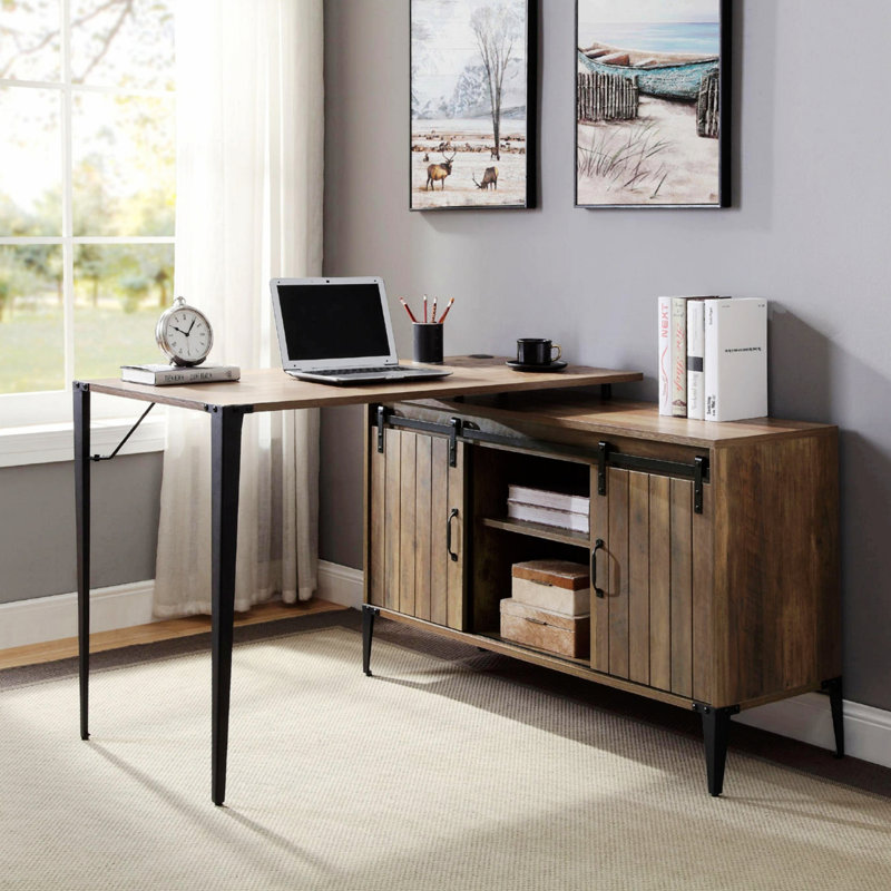 Bureau en L, bureau d'écriture avec armoire latérale, Chêne rustique