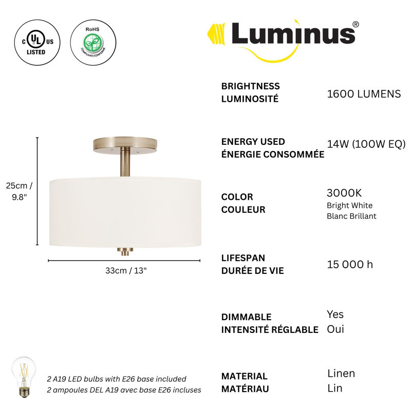 Plafonnier semi-encastré 2 lumières avec abat-jour tambour en tissu 13 po Luminice ALICE (paquet de 3)