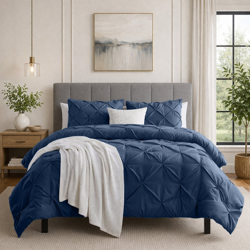 Pintuck Duvet Cover Set with Pillowcases – Soft Microfiber, Textured Quilt Cover, All-Season Comfort, King, Navy