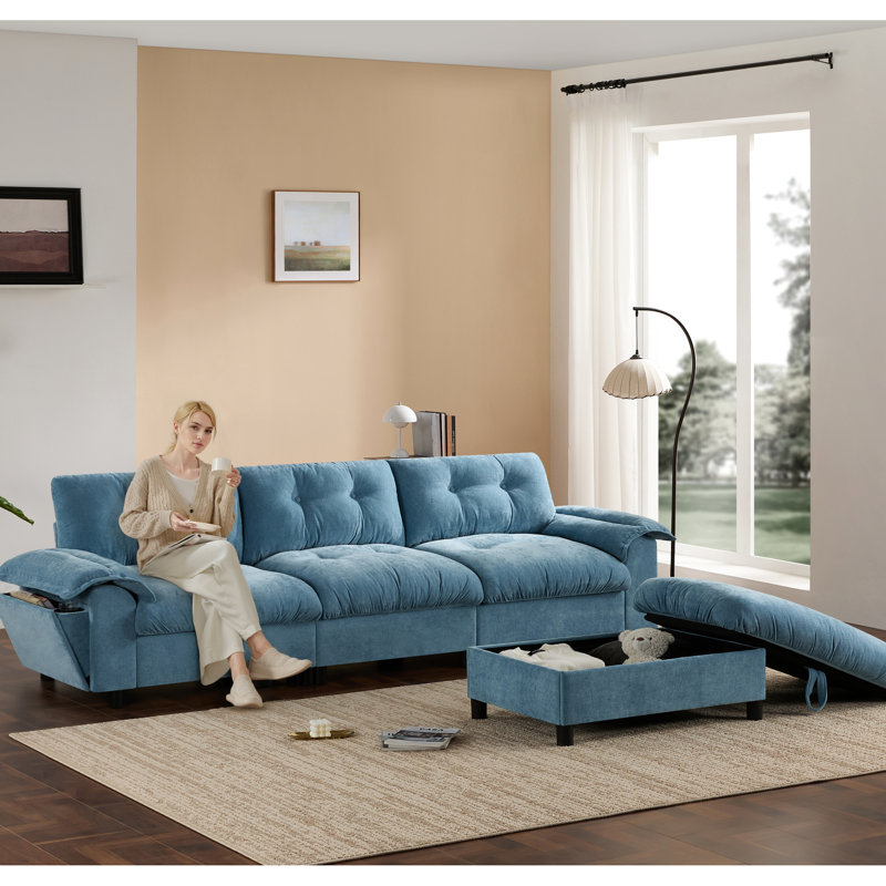104 po x 60 po, accoudoir modulaire multifonctionnel, double charge, porte-gobelet, rangement latéral, mobile, chenille, 4 sièges pour l'ambiance de la maison en forme de L, accoudoir avec deux poches de rangement, détente en chenille