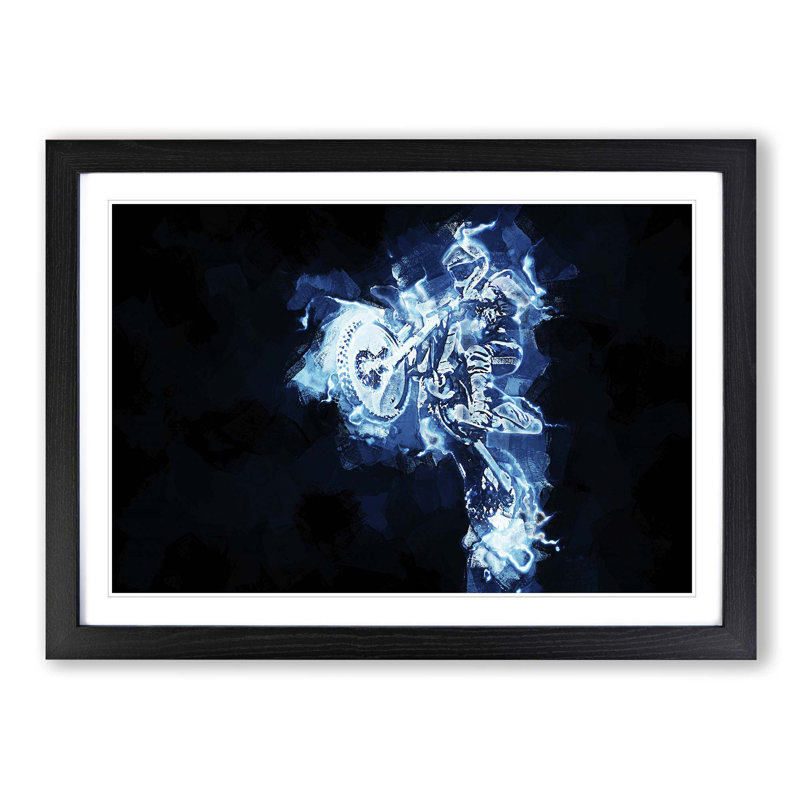 Blue Neon Motocross in Abstract - Picture Frame Painting Print, 48cm H x 65cm W x 2cm D, Black Framed