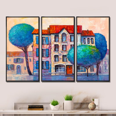 " City View With Blue Leaves And Red Roofs " 3 - Pieces