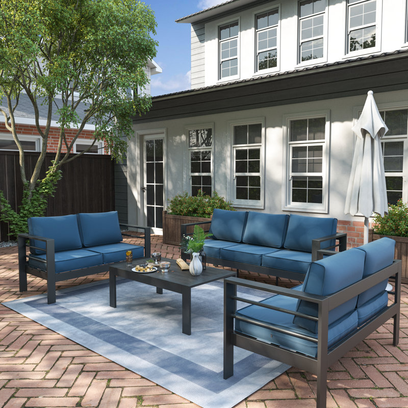 Kassidee 7 - Person Patio Conversation Set with Cushions, Blue, Dark Gray
