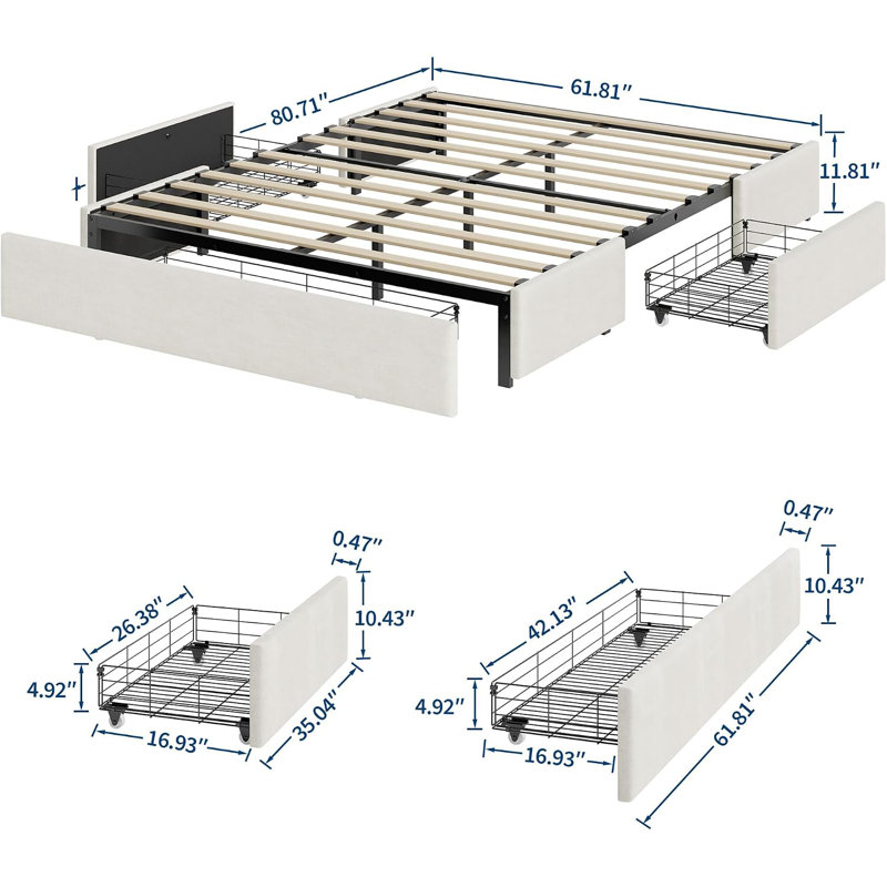 Cadre de lit plateforme Queen rembourré avec 3 tiroirs de rangement sous le lit, beige, Grand lit, Beige