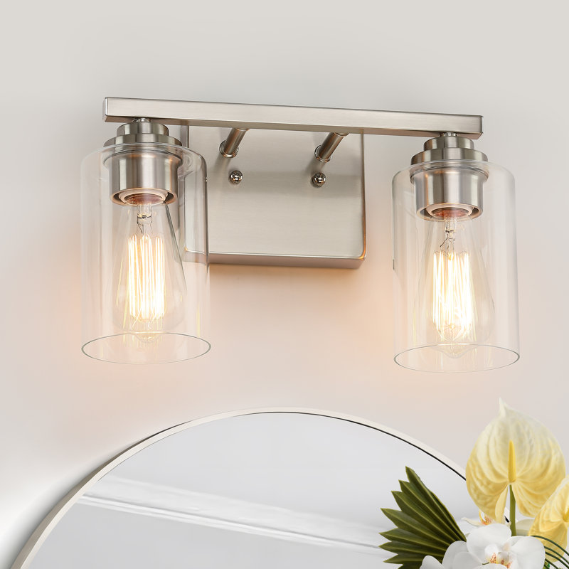 Luminaire de salle de bain à intensité variable en verre transparent, Deux lumières, Nickel brossé