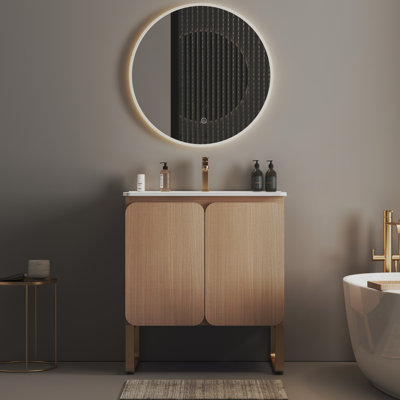 Modern Oak Bathroom Vanity With Ceramic Sink - Spacious Storage, Sleek Handles 30" Freestanding & Wall Mounted Wood Style Large Silent Doors