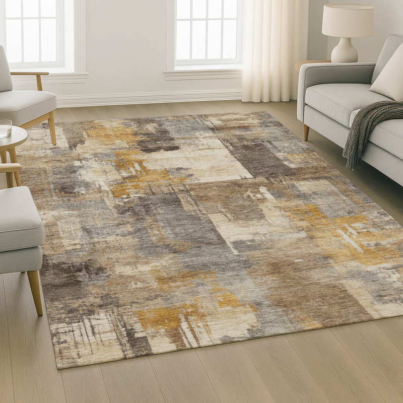 Tapis abstrait lavable à la machine de qualité supérieure Mayfield AMF2069, Brun, 8 pi x 10 pi