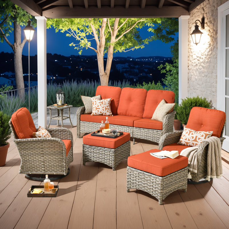 Ensemble de conversation modulaire en osier 7 places avec coussins, ensemble d'invité modulaire moderne en rotin, ensemble de mobilier de patio avec accoudoirs