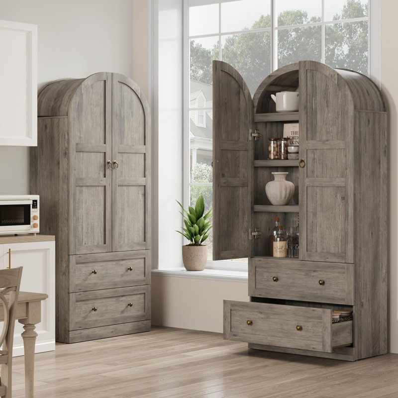 71" Tall Arched pantry Cabinet, Wood Arched shelf with Doors & Drawers, Antique Gray