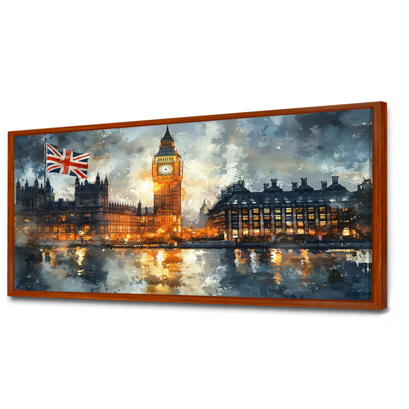 London Big Ben Landscape Glow II - London, art mural, H 28 po x l 60 po, Impression encadrée flottante, Brun