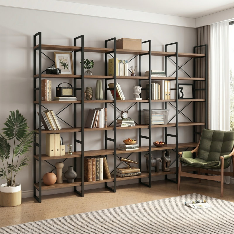 Très grande bibliothèque ouverte industrielle 106 "avec structure en métal, bibliothèque rustique brune à 6 niveaux pour le salon, le bureau personnel et l'espace de rangement