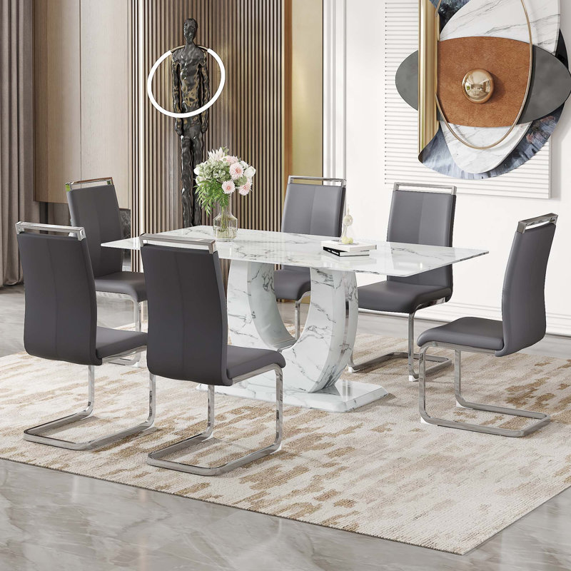 Table and chair set.Modern Simple Marble Pattern, Gray/Silver, White, 7