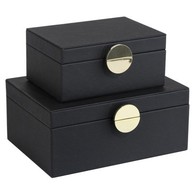 Set of 2 Faux Leather Decorative Jewelry Boxes, Storage Accessory Organizer with Gold Hardware