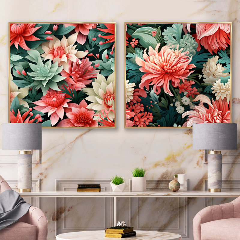 Tropic corail motif tropical - ensemble de collage carré floral de 2, Cadre flottant doré, H 16 po x l 33 po