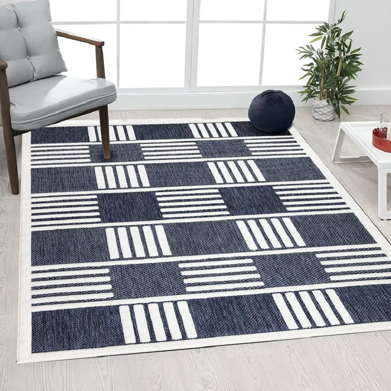 Rectangle Chevron Indoor / Outdoor Washable Area Rug, Blue/Cream, Rectangle 50 x 80 cm
