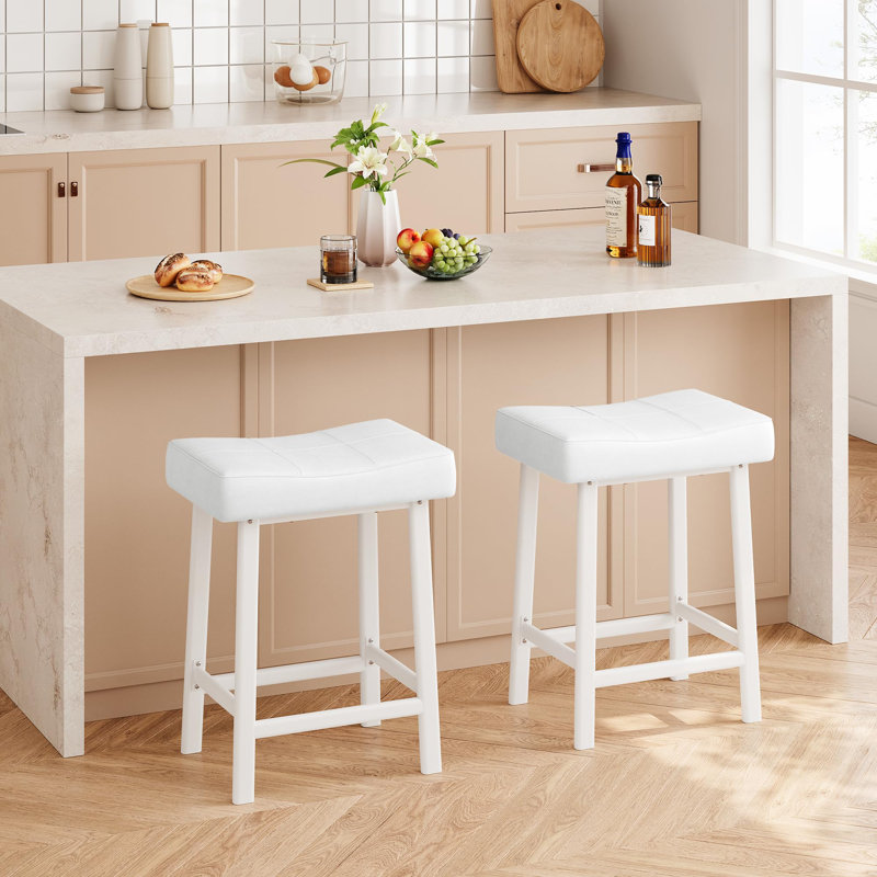 Set Of 2 Ergonomic 24" Counter Height Bar Stools With Curved PU Leather Seat, Metal Frame, Integrated Footrest, Supports 240 Lbs