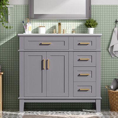 Meuble-lavabo moderne gris 36 po avec lavabo en céramique, portes à fermeture douce, 4 tiroirs de rangement, meuble-lavabo élégant pour les petites salles de bain