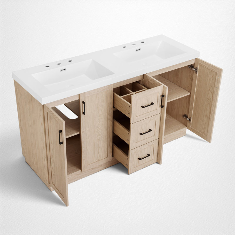 Meuble-lavabo double lavabo de 150 cm avec lavabo en SMC, 3 tiroirs et armoire avec tablette réglable, style ferme moderne, salle de bain principale