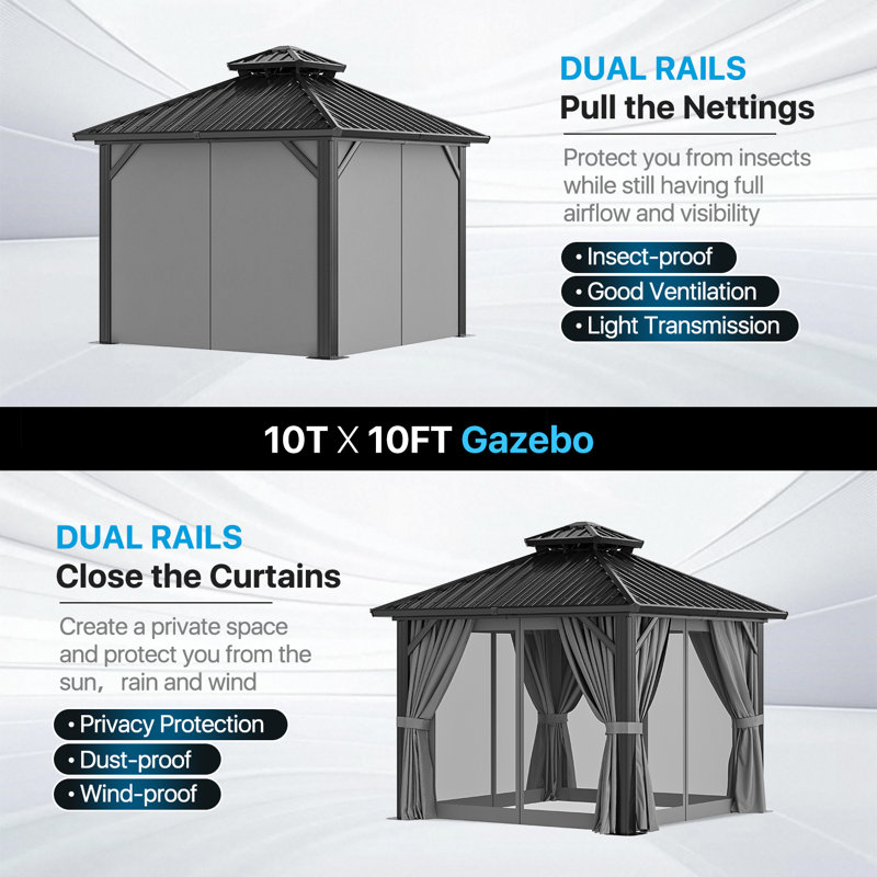 Pavillon de jardin permanent en aluminium avec double toit, 10 pi. L 10 pi. D