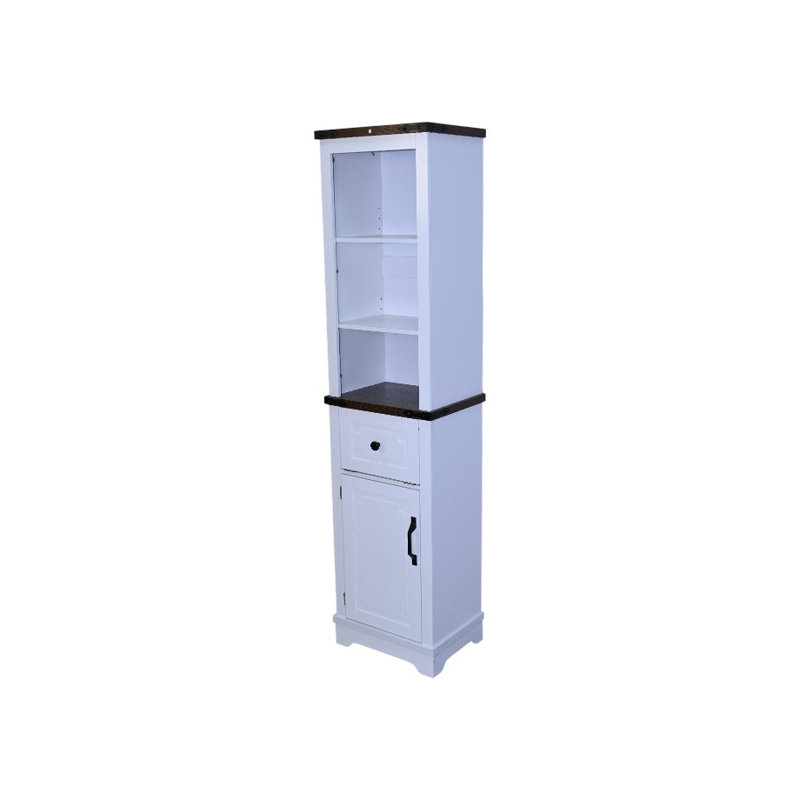 Farmhouse Bathroom Storage Cabinet - Narrow Linen Tower with Adjustable Shelves & Storage Drawer, Tall Bathroom Organizer for Bathroom & Living Room, White with Black Walnut Top