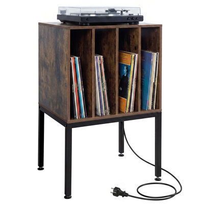 Record Player Stand with Power Outlets,Turntable Station with Divider Holds150 Records Rustic Brown