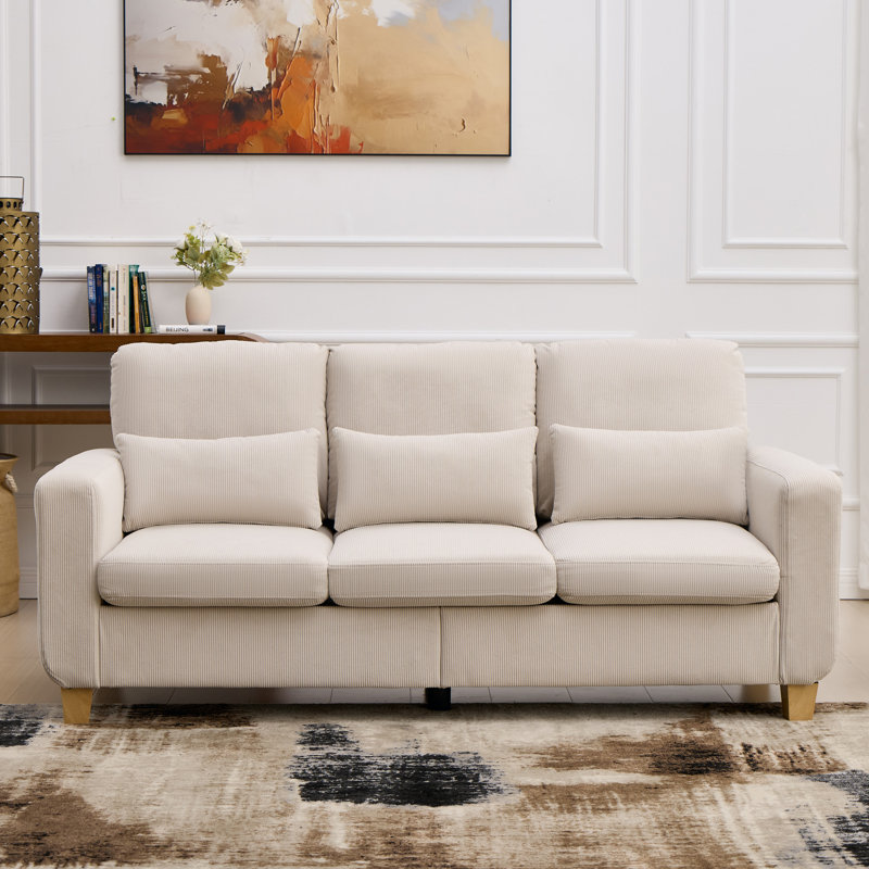 3-Seater Corduroy Sofa with 2 Throw Pillows, Deep-Seated Upholstered Couch with Square Arms, Cosy Living Room Furniture