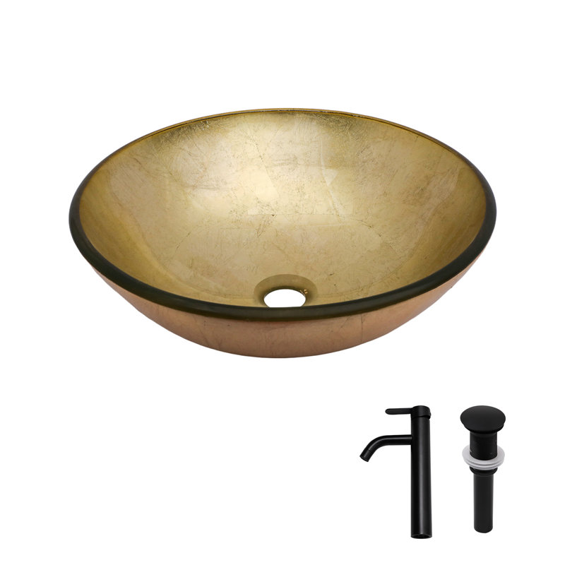 Lavabo de salle de bain vasque en verre trempé texturé doré avec robinet noir et bonde escamotable | Idée de cadeau, Doré