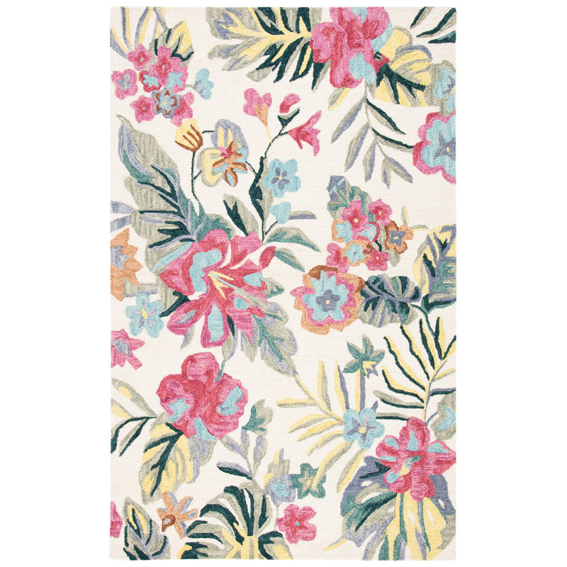 Ariyanna Floral Handmade Tufted Wool Ivory/Pink Area Rug, Rectangle 4' x 6'