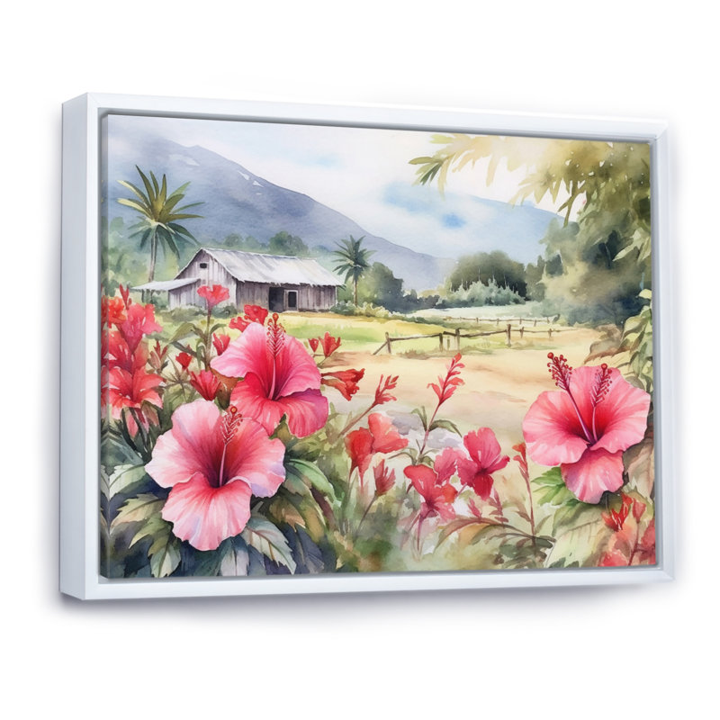 Hibiscus rose, vert, harmonie tropicale II sur toile, H 12 po x l 20 po x P 1,5 po, Cadre flottant blanc