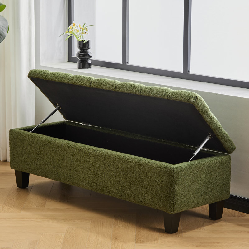 Banc avec revêtement bouclé, espace de rangement, pieds en bois d'hévéa, capacité de 136 kg, capitonnage à boutons et surpiqûres en losange, idéal pour la décoration du salon, 132 cm (L) x 44 cm (l) x 46 cm (H), rangement, support, charnières souples