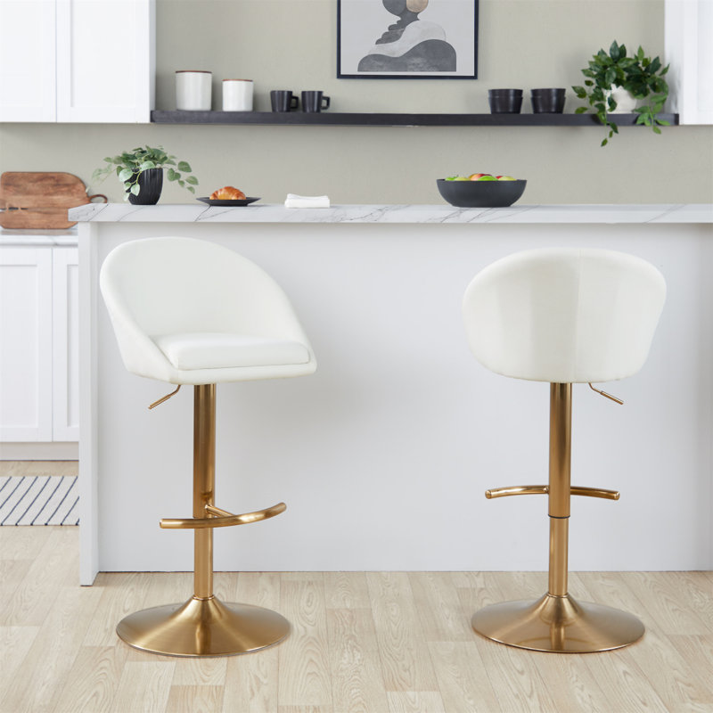 Tabouret de bar réglable Highback contemporain en métal doré et tissu crème avec repose-pieds arrondi en T - ensemble de 2