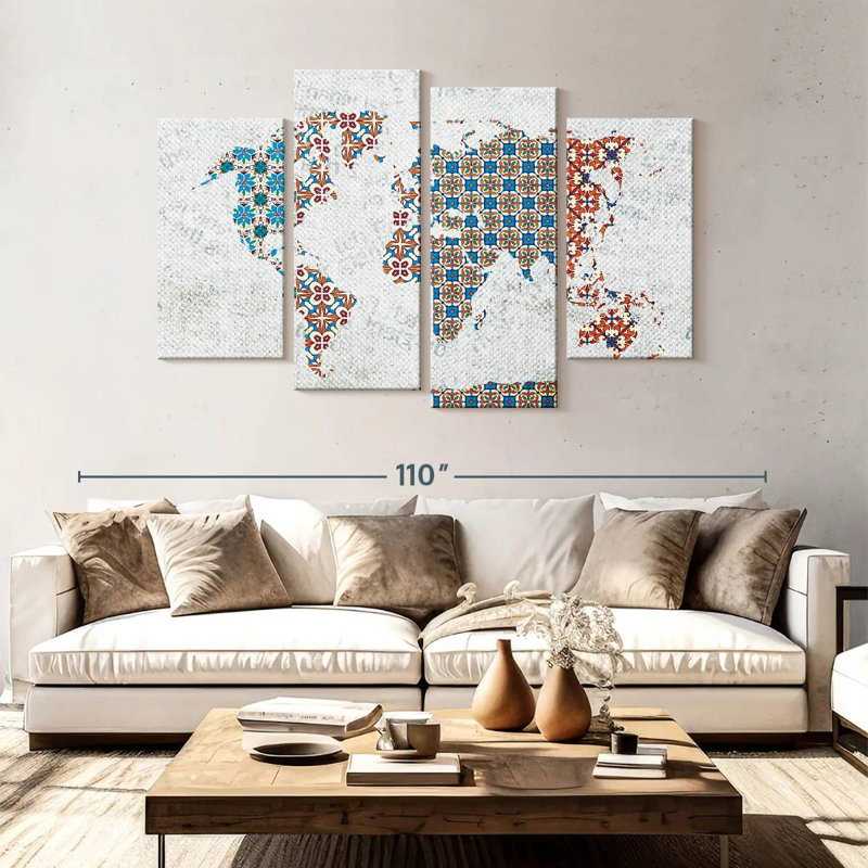 Aliaz Floral Tiles World Map, 54" H x 84" W
