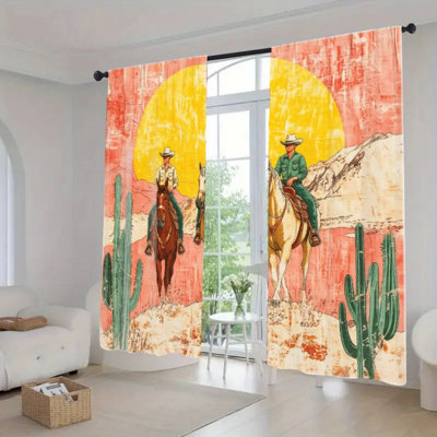 2Pcs Wild West Cowboy Cactus Curtains, Rustic Desert Landscape Themed Window Drapes for Living Room Bedroom Kitchen, Rod Pocket Decor