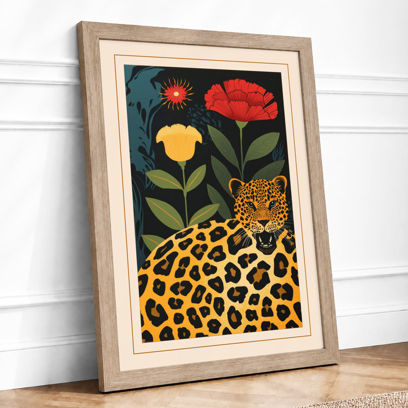Leopard and Blooms Art Deco - Framed Print, A4 - 29.7 x 21.0 cm, Oak