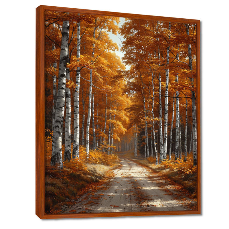 Chemin forestier de bouleaux blancs d'automne - salon d'art mural en bois de bouleau, Toile avec cadre flottant brun
