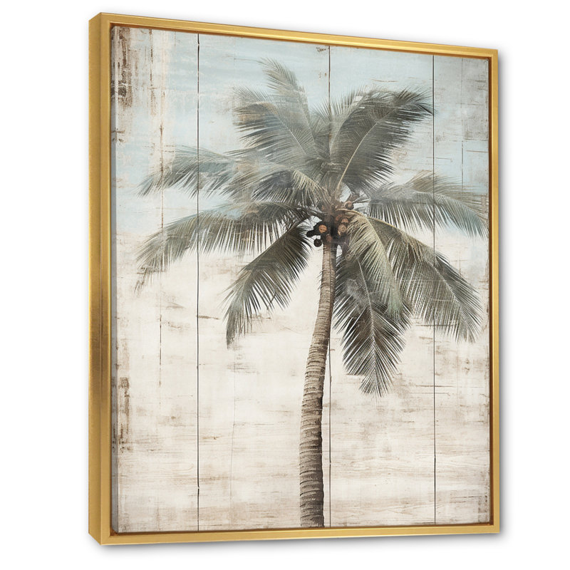 Palmier tropical dans des couleurs rétro délavées - prairie, art mural, H 20 po x l 12 po x P 1 po, Cadre flottant doré