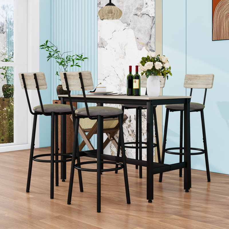 Ensemble de table de bar moderne 5 pièces avec 4 tabourets rembourrés et une structure robuste en acier