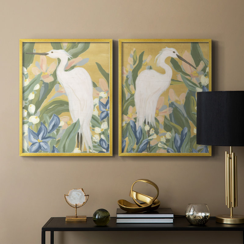 Floral Egret I-Premium, reproduction encadrée prête à accrocher - aucun clou requis - aucun clou requis, Doré