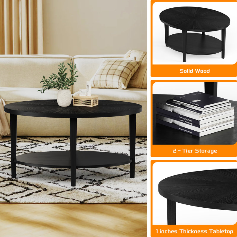 Solid Wood Oval Coffee Table with 2-Tier Storage, Mid-Century Modern, Black