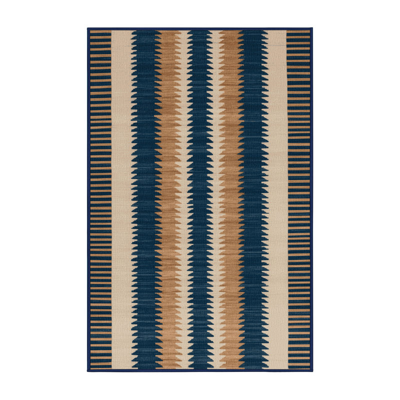 Washable Maritime Blue Ivory Striped Area Rug, Rectangle 4' x 6'