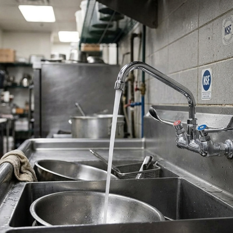 Express KitchQuip Commercial Wall-Mounted Kitchen Faucet – 4" Center Heavy-Duty Swivel Gooseneck Spout with Dual Lever Handles