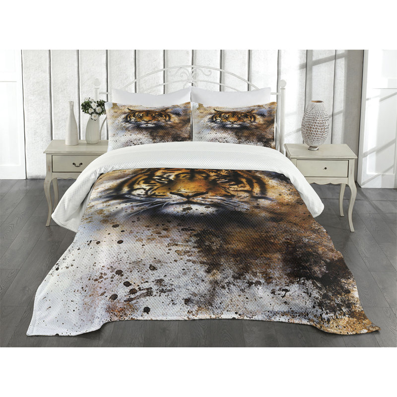 Ambesonne Tiger Bedspread Set Wild Beast Angry Predator Multicolor, King Bedspread + 2 Standard Shams