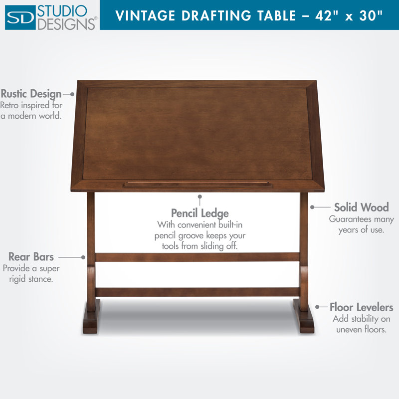 Gumesindo Solid Wood Top Drafting Table, 36" H x 42" W x 30" D, Rustic Oak