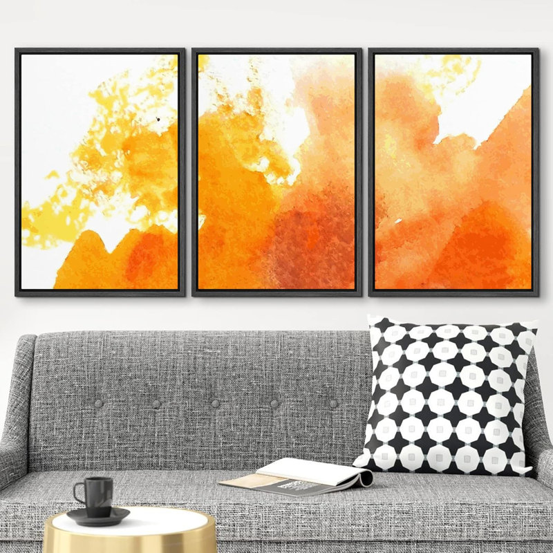 Yellow & Orange Paint Splatter Explosion Abstract Shapes Illustrations Modern Art, 36" H x 72" W, Black Floater Framed
