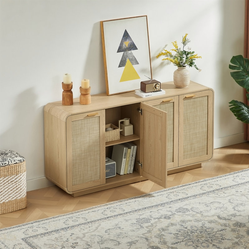 Buffet en rotin à 4 portes avec rangement, Caramel