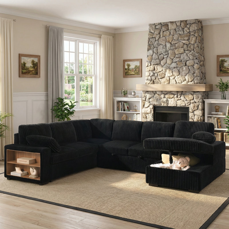 118" Modular Sectional Sofa Bed 4-Piece Corduroy Pull-Out Sleeper Couch With Corner & Side Storage Shelves & Chaise