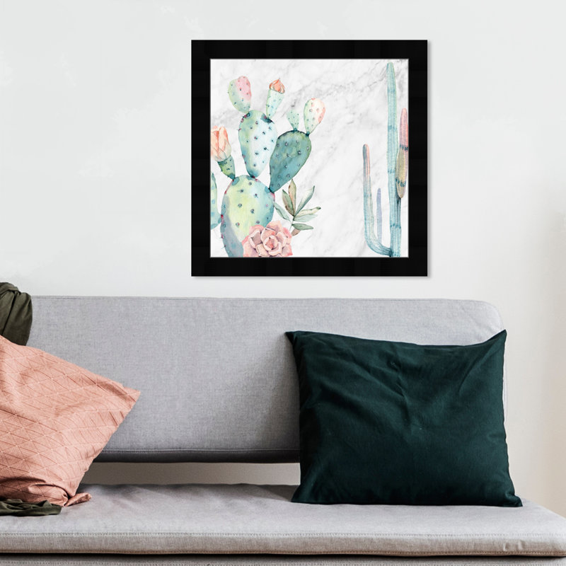 Marbre cactus et plantes grasses vertes botaniques - cadre photo, Papier avec cadre noir, H 14 po x l 14 po